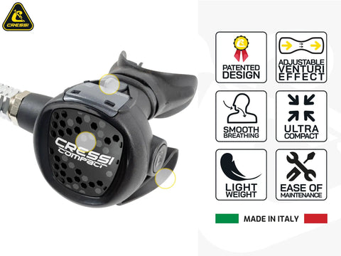 Close-up of AC2 Compact Regulator Set With Octopus Compact All In One Dive Rig 1st Stage Piston 2nd Stage XS Compact, features labeled