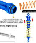 Navy blue big bore shock from 1/10 Rustler 2WD And Stampede 2WD Beefed Up RC Suspension Arm Kit with oil drop, spring, and sealing O-ring.