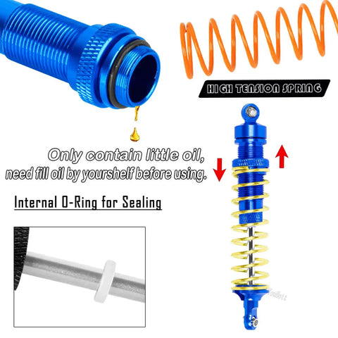 Navy blue big bore shock from 1/10 Rustler 2WD And Stampede 2WD Beefed Up RC Suspension Arm Kit with oil drop, spring, and sealing O-ring.