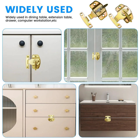 Heavy Duty Spring Table Locks For Extension Dining Tables Built Tough For Wood Tables, gold latch on cabinets and drawers.