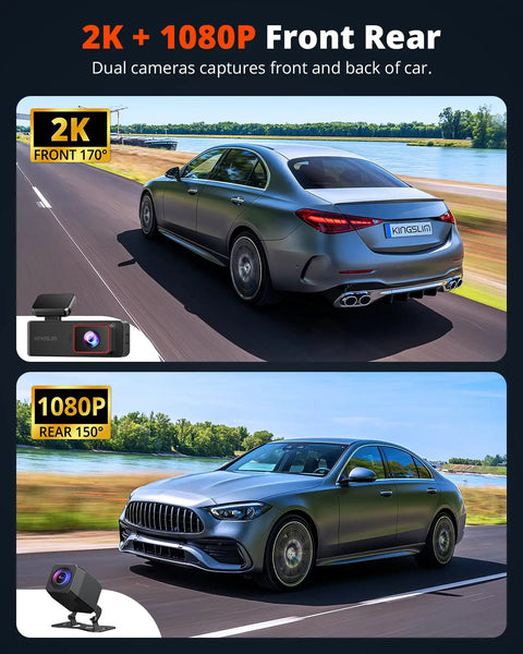 Dual 2K Front And Rear Dash Cam With 64GB SD Card Wireless WiFi Car Camera 1.5 Inch Screen Mini Back Camera G Sensor Time Lapse Parking Monitor 170 Degree Front 150 Degree Rear showing car on road