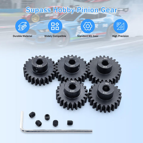 M1 Pinion Gear Sets 22T 23T 24T 25T 26T For 5mm Shaft Motors With Hex Key Beefed-Up Metal Gear For 1 Eighth Scale RC Cars Brushless Power Durable Gear Set For Pro RC Hobbyists