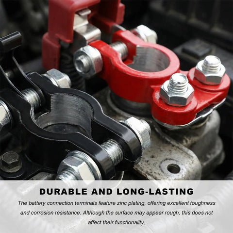 Heavy Duty Aluminum Battery Terminal Connectors Two Piece Set With Anti Corrosion Washers And Color Coded Top Post Clamps For Cars Trucks Vans close-up of black and red battery clamps on engine.