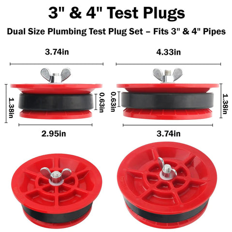 Pro Grade Mechanical End Of Pipe Gripper Test Plugs Set 3 Inch And 4 Inch Sewer Drain Plugs For PVC ABS Cast Iron Pipes Sealing And Pressure Test Tools 2 Pack, red 3in and 4in sizes