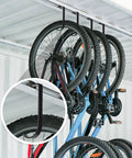 Image showing bikes hanging from 12 Pack Garage Storage Hooks With Screws For Ceiling Racks And Wall Shelves Heavy Duty Black Overhead Hangers.
