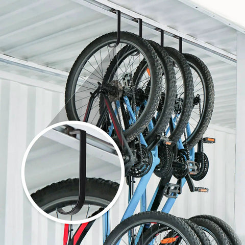 Image showing bikes hanging from 12 Pack Garage Storage Hooks With Screws For Ceiling Racks And Wall Shelves Heavy Duty Black Overhead Hangers.