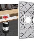 Pro Grade Heavy Gauge Aluminum Router Table Insert Plate With Four Quick Swap Rings And Secure Mount Screws For Woodworking Trim Machines on workbench
