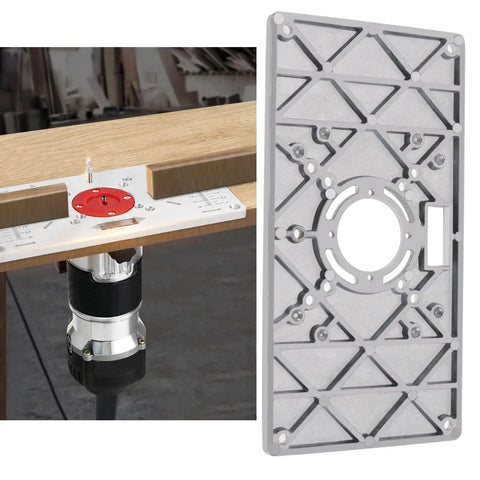 Pro Grade Heavy Gauge Aluminum Router Table Insert Plate With Four Quick Swap Rings And Secure Mount Screws For Woodworking Trim Machines on workbench