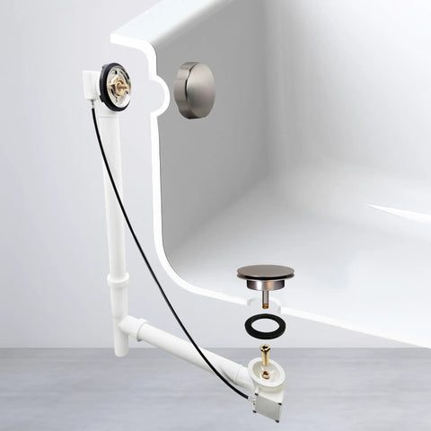 Dead Simple 27 Inch Cable Drive Bath Drain Trim Kit With Rotary Overflow Knob And Pop Up Stopper Satin Nickel finish in bathtub.