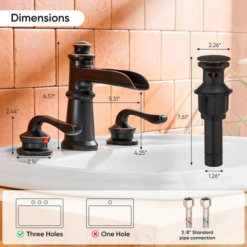 Waterfall Style Widespread Bathroom Faucet With 8 To 16 Inch Mounting Three Hole Two Handles Pop Up Drain Overflow