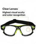 Front view of Solus 1000 Series Safety Glasses With Scotchgard No-Fog Coating, clear lenses, anti-scratch shield, TPE gasket, and elastic strap.