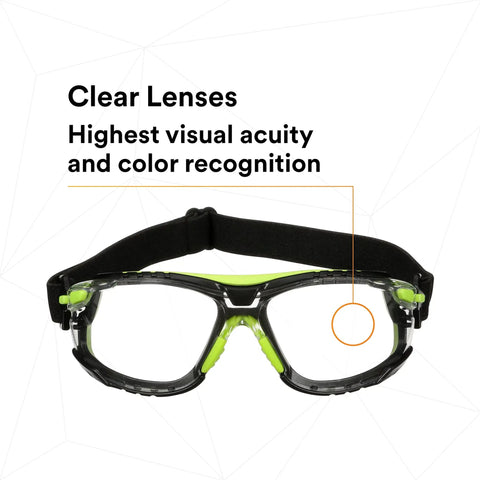 Front view of Solus 1000 Series Safety Glasses With Scotchgard No-Fog Coating, clear lenses, anti-scratch shield, TPE gasket, and elastic strap.