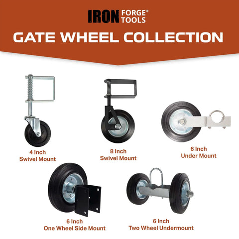 Iron Forge Tools gate wheel collection featuring various sizes and mounts including 4-inch hard rubber gate wheel with 360 degree swivel.