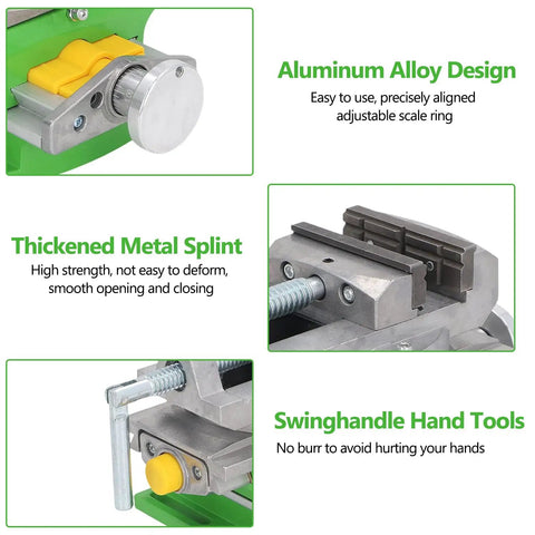 Close-up of 3 Inch Cross Slide Drill Press Vise XY Compound showing aluminum design, metal splint, and swinghandle tools.