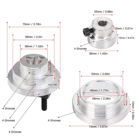 Product diagram of Heavy Duty Mini Lathe Belt Pulley in Aluminum Alloy with dimensions for MX210 WM210 8x16 220x400 220x600 models.
