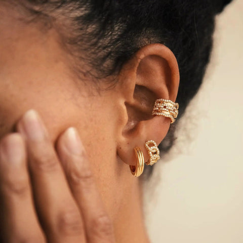 Gold Huggie Hoop Earrings For Women With Chunky Link Chain Cubic Zirconia 14K Gold Plated Hypoallergenic Everyday Jewelry