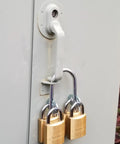 Heavy Duty Multi User Padlock Holder Provides Solid Gate Or Door Security Supports Four Independent Keys with two padlocks mounted.