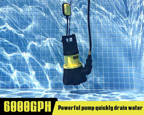 Beast 1.5HP Submersible Sump Pump 6000 GPH With Automatic Float Switch submerged in water with visible 16 ft cord