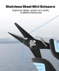 Front view of stainless steel mini fishing scissors with black blades and blue handles beside fishing line