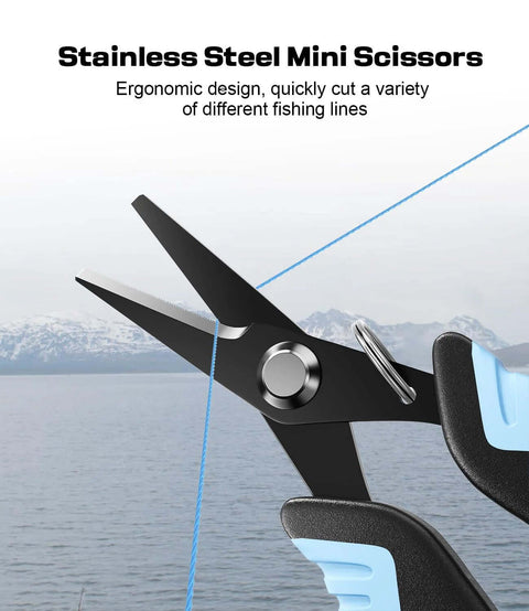 Front view of stainless steel mini fishing scissors with black blades and blue handles beside fishing line