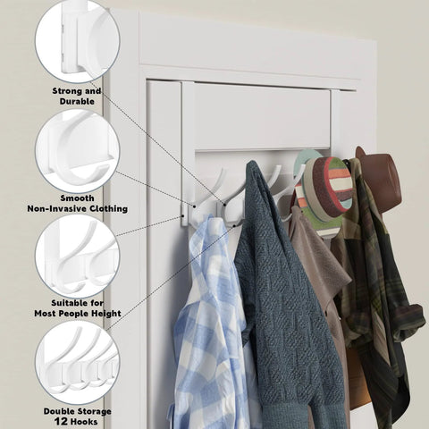 Peasulin 12-hook white over-the-door rack installed on door for towels and coats.