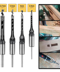 Heavy Duty Square Hole Drill Bit Adapter With Four Piece Mortising Attachment For Drill Press showing 4 steel bits size 12.7mm, 9.5mm, 8mm, 6.4mm.