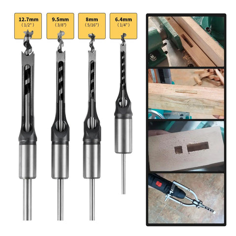 Heavy Duty Square Hole Drill Bit Adapter With Four Piece Mortising Attachment For Drill Press showing 4 steel bits size 12.7mm, 9.5mm, 8mm, 6.4mm.