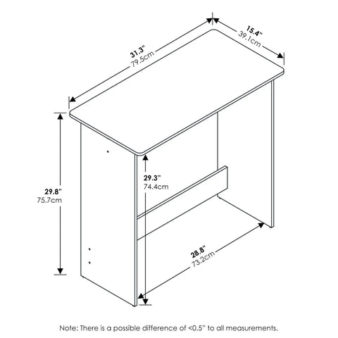 Technical drawing of Compact Study Desk With 31.3 Inch Wide Tabletop For Homework, Work, And Light Gaming, Espresso Finish Computer Desk With Soft Edges And Space Saving Design, dimensions labeled.