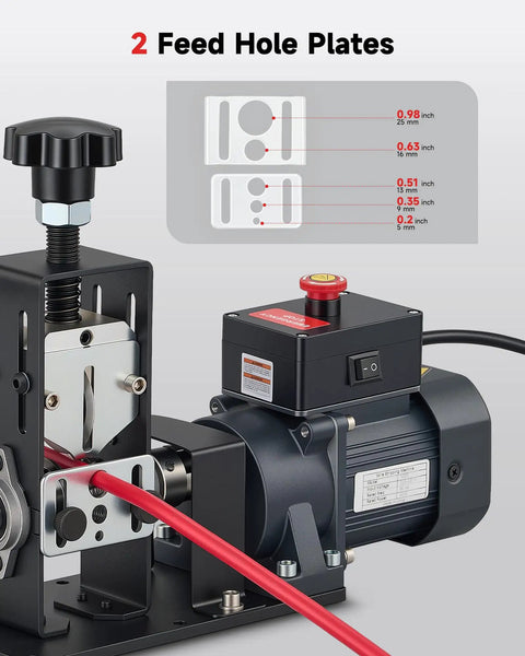 Heavy Duty Electric Wire Stripper Machine Featuring Multiple Operation Modes For Rapid Automated Cable Peeling, showing two feed hole plates.