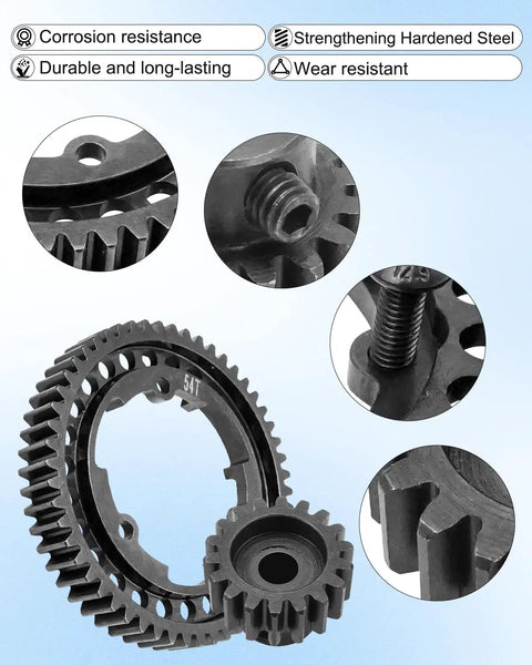 RC Spur Gear Set 54T 18T Pinion for Traxxas X Maxx XO1 Revo 2.0 VXL Hardened Steel, close-up views showing gear detail