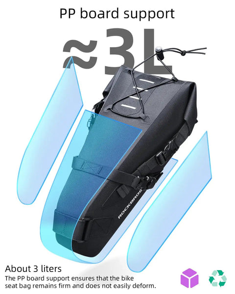 Expandable Waterproof Bikepacking Saddle Bag With 3L Capacity showing PP board support and elastic cord for cyclists