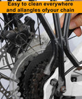 Close-up of Six Piece Bike Chain Cleaner Kit With Three Brushes And Cleaning Tools for bike gear cleaning.