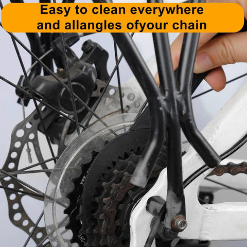 Close-up of Six Piece Bike Chain Cleaner Kit With Three Brushes And Cleaning Tools for bike gear cleaning.
