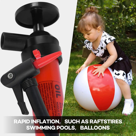 Close-up of All Purpose Siphon Pump Fluid Transfer Kit With Easy Pour And Quick Fuel Move alongside child with beach ball