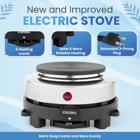 New electric stove with 6 heating levels, for All-In-One Soap Making Kit With 900ml Stainless Steel Pot That Delivers Zero Mess, Drip-Free Melting Pot, 2-In-1 Silicone Molds, Clear And White Melt And Pour Base, DIY Soap Kit For Adults And Beginners With Thermometer, Mat, And Easy Pour Design.