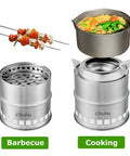 Stainless Steel Wood Burning Camping Stove Portable For Backpacking And Outdoor Cooking With Grill Grid And Carry Bag Ultra Lightweight Quick Setup Ideal For Camping Hiking Emergency Picnics BBQ showcasing grilling and cooking features.