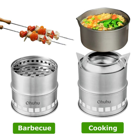 Stainless Steel Wood Burning Camping Stove Portable For Backpacking And Outdoor Cooking With Grill Grid And Carry Bag Ultra Lightweight Quick Setup Ideal For Camping Hiking Emergency Picnics BBQ showcasing grilling and cooking features.