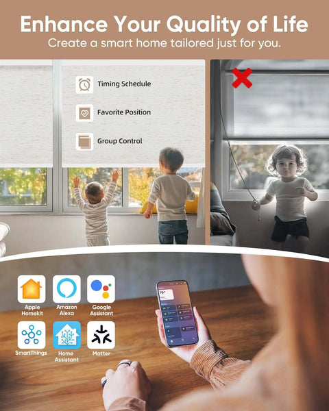 Premium Plug And Play Smart Motorized Blinds With Slick Remote App And Alexa Google Voice Control Total Blackout Rollers used in a cozy home with children.