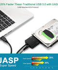Plug And Play SATA To USB 3.0 External Adapter Cable For 2.5 Inch And 3.5 Inch HDD And SSD With Power Supply connected to a laptop and HDD.
