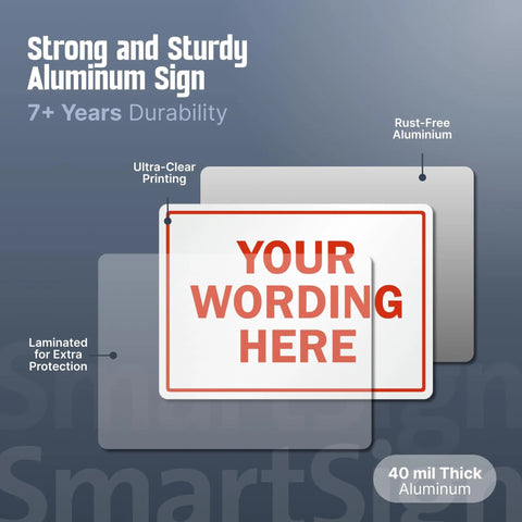 Custom Metal Sign 10x14 Inches For Outdoor Use Tough As Nails No Rust Weatherproof 40 Mil Laminated Aluminum Sign For Home Office Bar Airbnb Delivery Wedding Name Made In USA. Image shows layers indicating durability features.