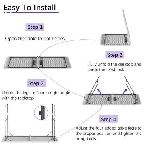 Foldable diagram for Heavy Duty 4 Foot Folding Table With Carry Handle And Mesh Bag Indoor Outdoor Portable Table For Picnic, Party, Camping, White, Folds In Half, Lightweight Yet Sturdy For Any Event.