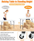 Comparison of table height before and after using 4 Pack Adjustable Table Leg Risers Featuring Smooth Rolling Casters Heavy Duty Metal Extenders.