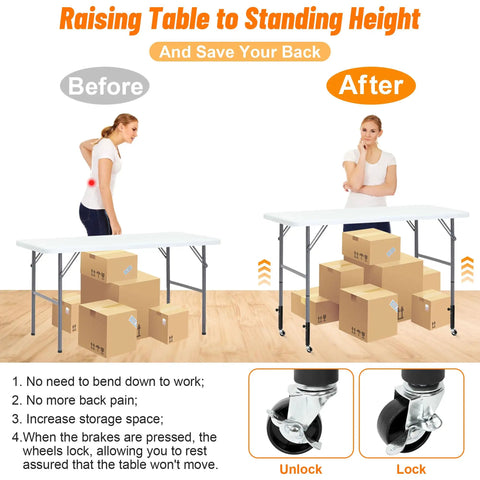 Comparison of table height before and after using 4 Pack Adjustable Table Leg Risers Featuring Smooth Rolling Casters Heavy Duty Metal Extenders.