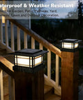 4x4 Solar Post Cap Lights Set No Fuss Dual Color Modes Warm White And Cool White on wooden post, waterproof outdoor use