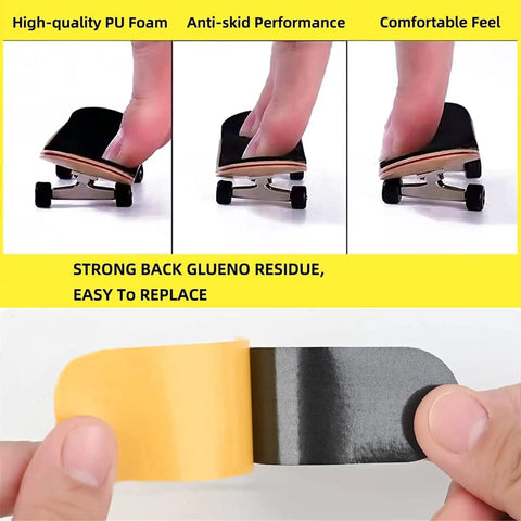 10 Pack Fingerboard Grip Tape For Pro Wooden Mini Skateboards 33mm By 98mm shown with foam adhesive and easy peel backing.