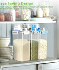Airtight Dry Food Storage Container With Measuring Cup Clear BPA Free Pantry Organizer filled with grains on pantry shelf