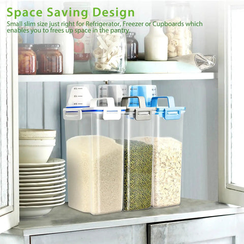 Airtight Dry Food Storage Container With Measuring Cup Clear BPA Free Pantry Organizer filled with grains on pantry shelf