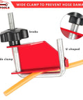 Four Piece Hose Pinch Off Pliers Set for Fuel Line Coolant Radiator Brake Hoses Clamp Tool showing red clamp in use