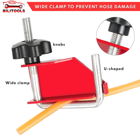 Four Piece Hose Pinch Off Pliers Set for Fuel Line Coolant Radiator Brake Hoses Clamp Tool showing red clamp in use