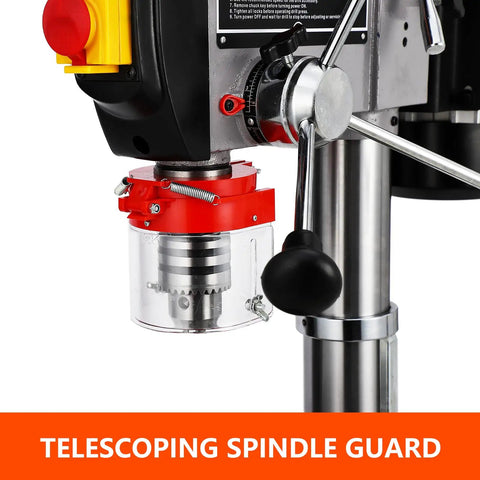 Heavy Duty 15 Inch Floor Drill Press With Rock Solid 7.5 Amp Pure Copper Motor And Slick Variable Speed Up To 3084 RPM featuring telescoping spindle guard.